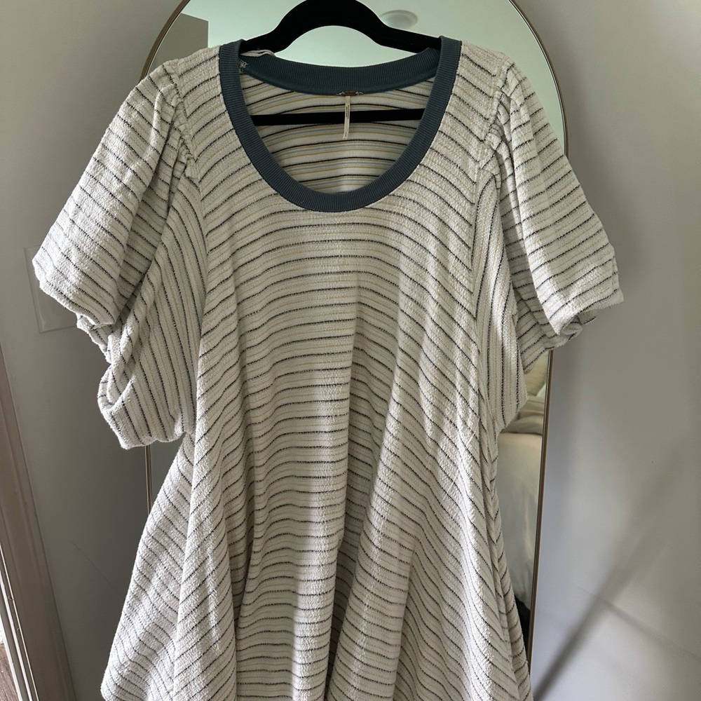 Women's Cream Striped Short-Sleeve Dress with Gray Trim